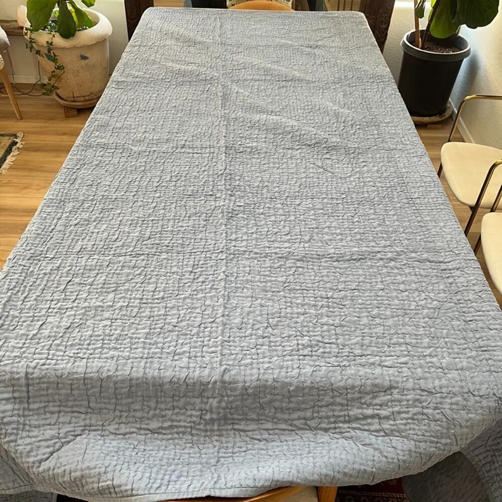 Yves Delorme Blue Crinkle Textured Full Queen Coverlet Cotton Silk